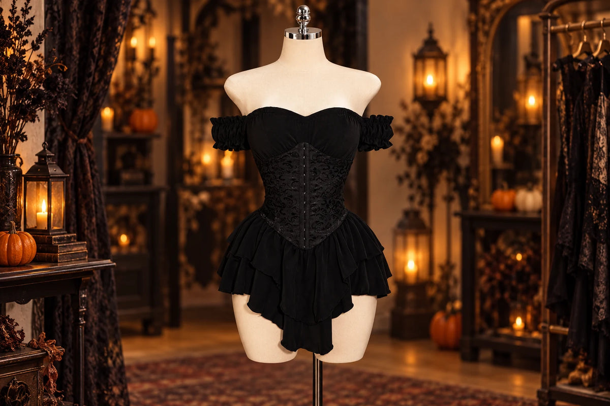 Moonlit Muse Gothic Ruffle Outfit — Black outfit in a Halloween boutique setting