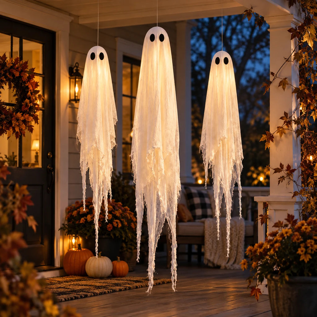 Porch Phantoms Light-Up Ghost Trio — Halloween lifestyle scene