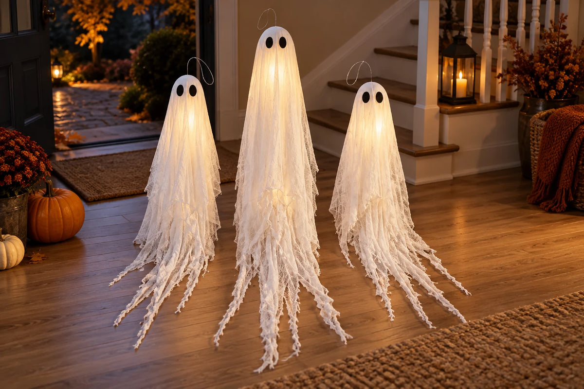 Porch Phantoms Light-Up Ghost Trio — setup and placement scene