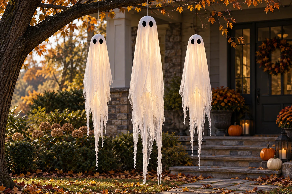 Porch Phantoms Light-Up Ghost Trio — daylight product view