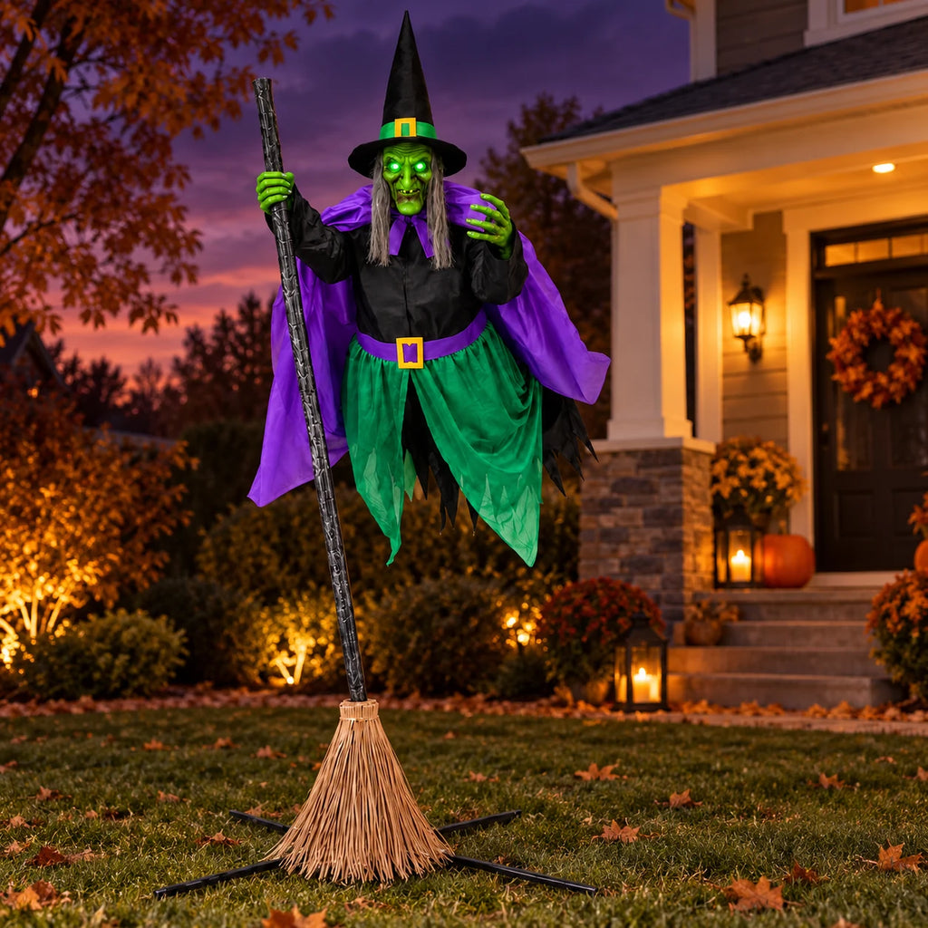 Hexwood 12-foot animated witch — Witch display at dusk