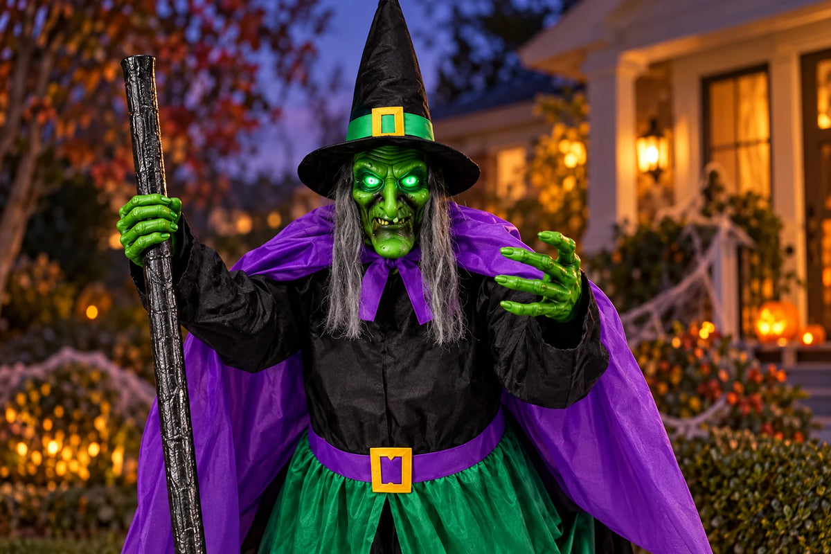 Hexwood 12-foot animated witch — Face and fabric details
