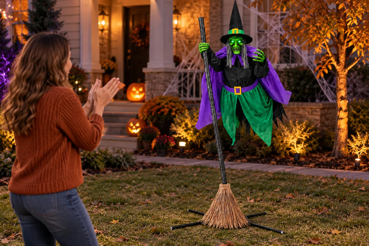 Hexwood 12-foot animated witch — Sound activation demonstration