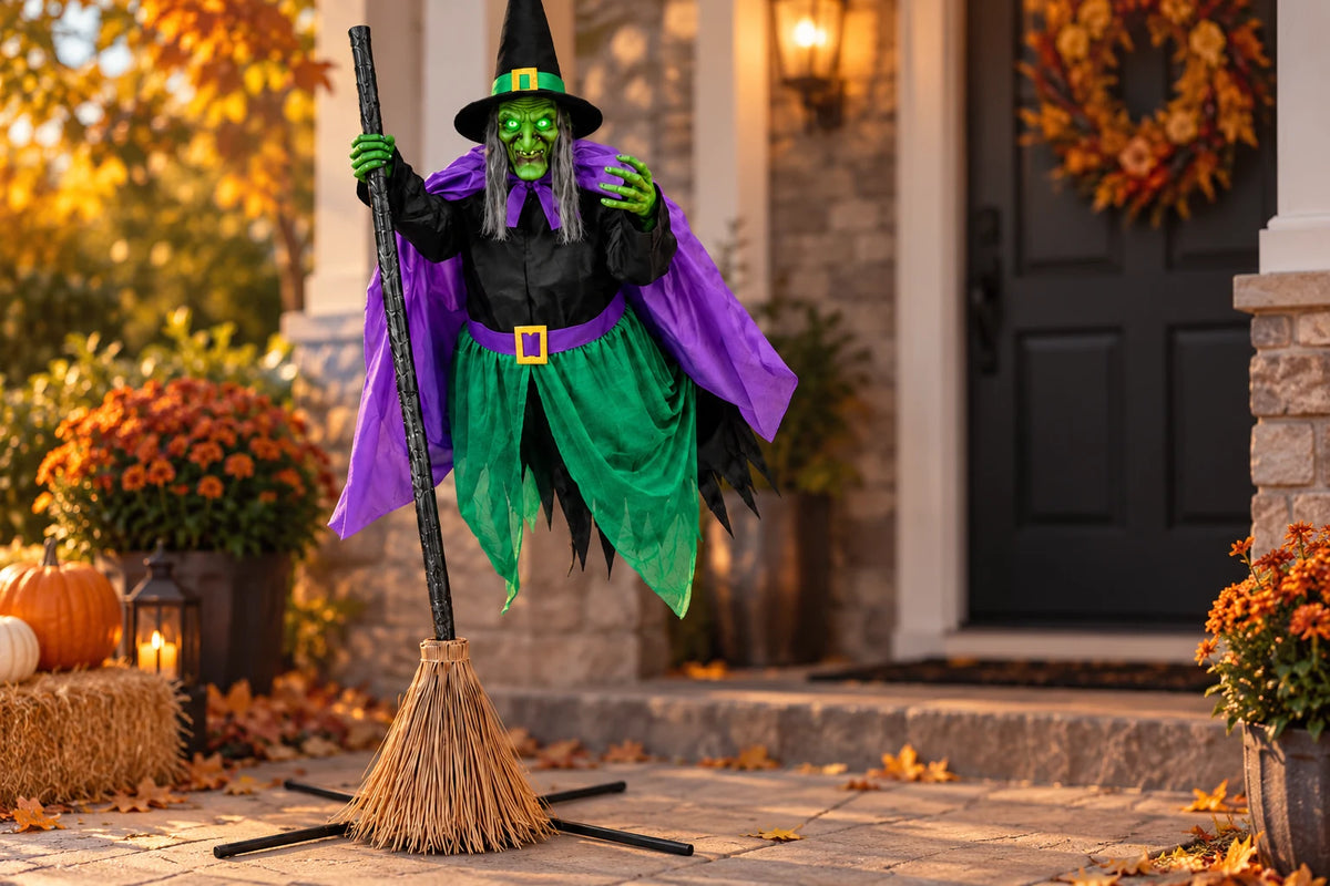 Hexwood 12-foot animated witch — Autumn porch display