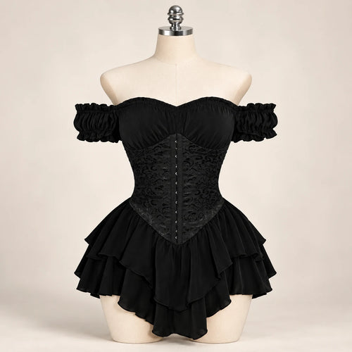 Moonlit Muse Gothic Ruffle Outfit — Black front studio view