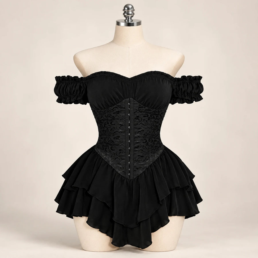 Moonlit Muse Gothic Ruffle Outfit — Black front studio view