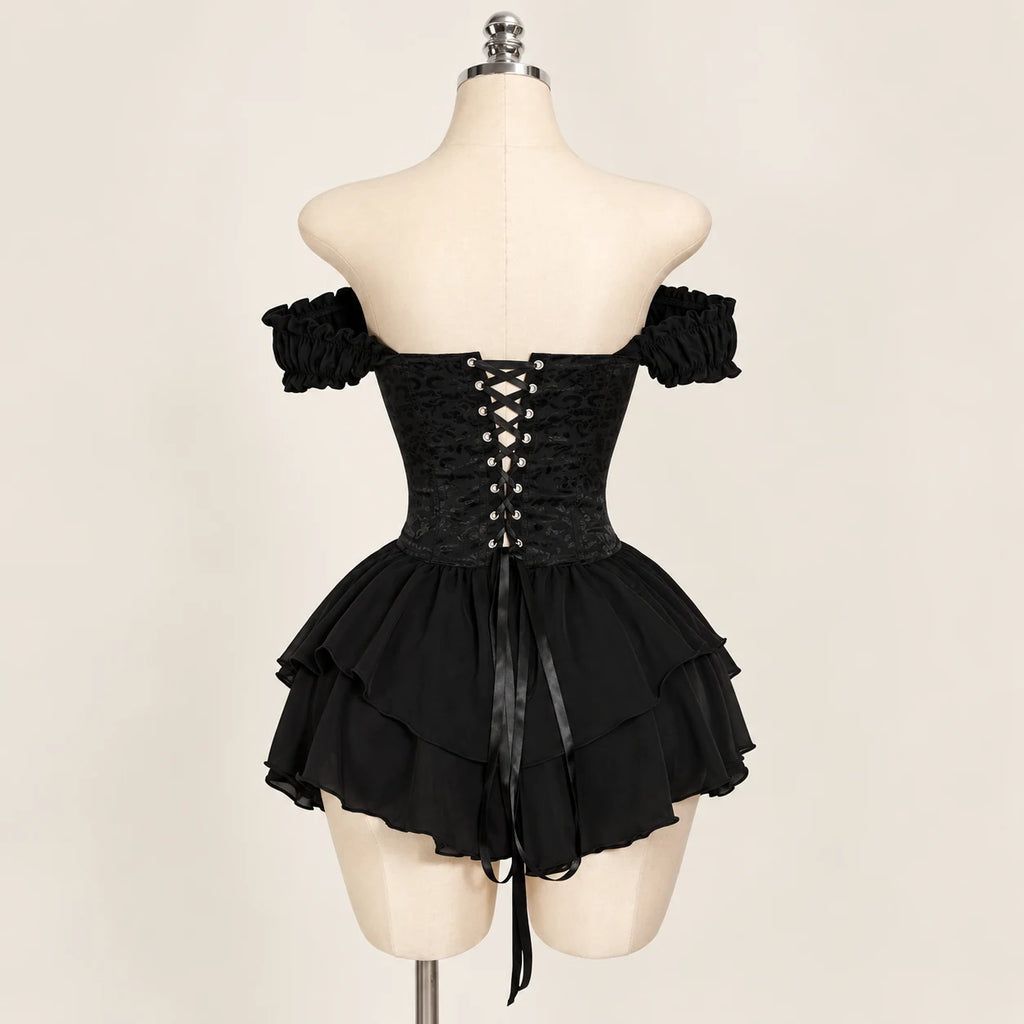 Moonlit Muse Gothic Ruffle Outfit — Black back with ribbon lacing