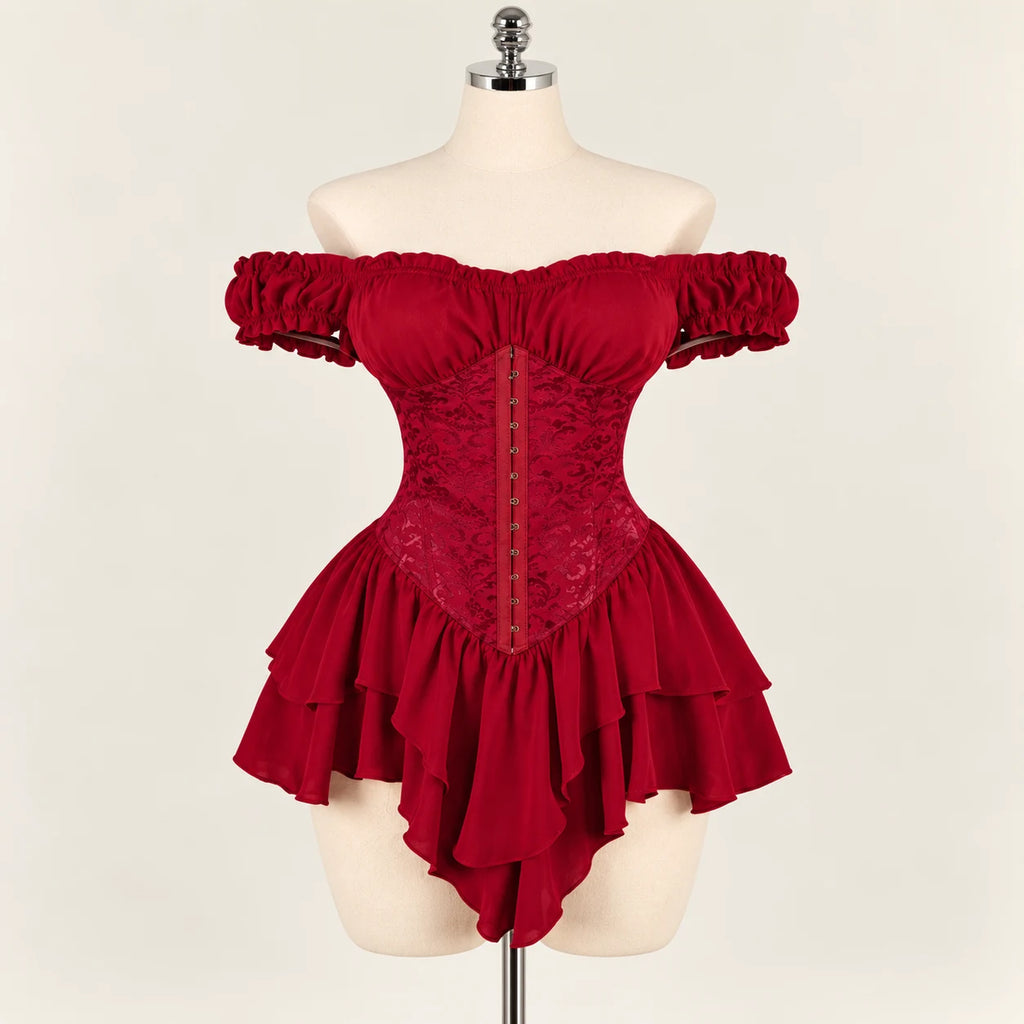 Moonlit Muse Gothic Ruffle Outfit — Crimson red front studio view