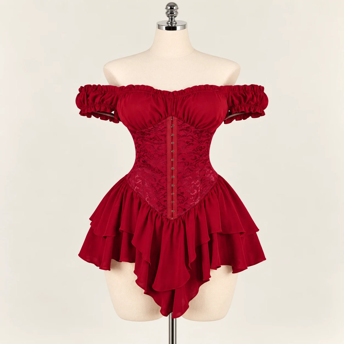 Moonlit Muse Gothic Ruffle Outfit — Crimson red front studio view