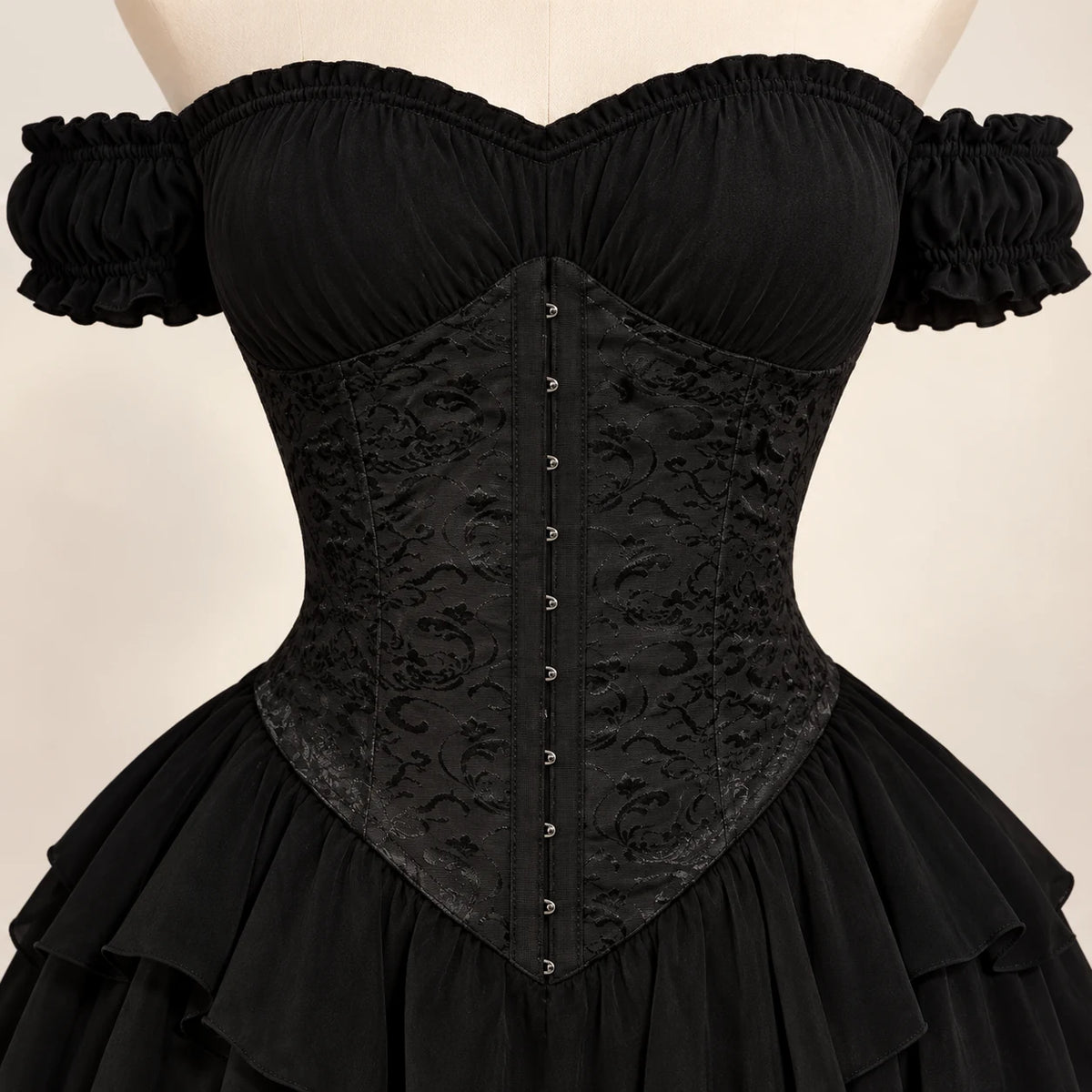 Moonlit Muse Gothic Ruffle Outfit — Floral bodice and front clasp detail