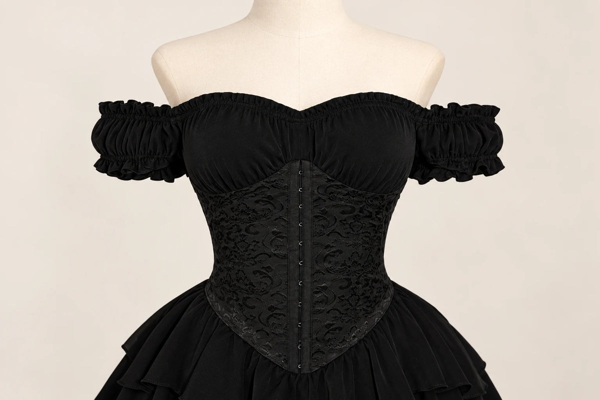 Moonlit Muse Gothic Ruffle Outfit — Gathered neckline and sleeve detail
